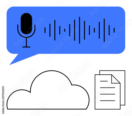 Microphone with sound waves inside speech bubble above cloud and documents. Ideal for communication, storage, transcription, technology, productivity, organization, media. Line metaphor