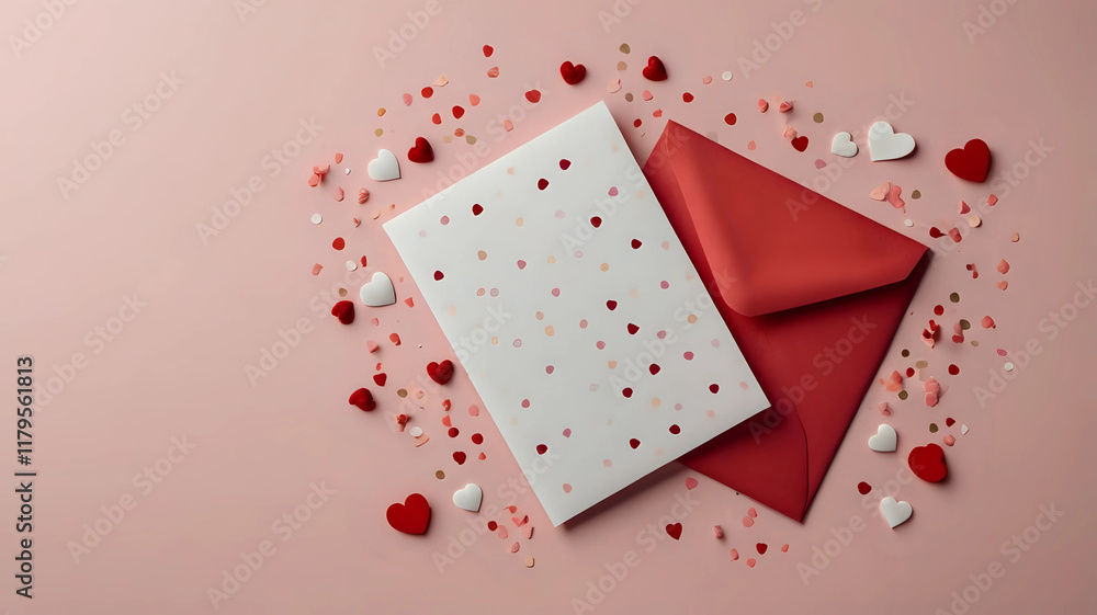 Happy Valentines Day composition. Blank paper card mockup and red envelope with small hearts confetti on pink background. Love, romance concept. Happy Valentines Day composition. Blank paper card mockup and red envelope with small hearts confetti on pink background. Love, romance concept.