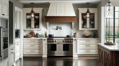 A timeless luxury kitchen with classic white cabinetry, dark wood floors, and a subway tile backsplash. A vintage-inspired range and pot filler add charm.