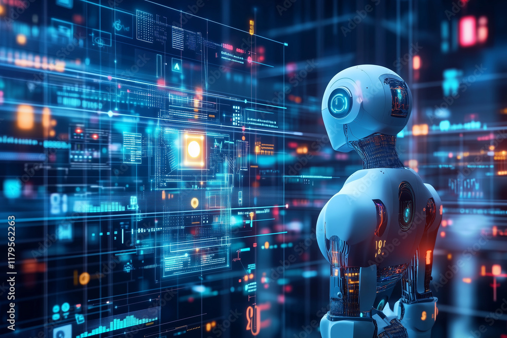 a smart humanoid robot with artificial intelligence interacting with a hologram digital interface screen a smart humanoid robot with artificial intelligence interacting with a hologram digital interface screen