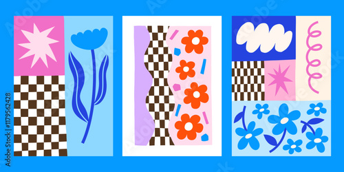 Creative groovy flowers vector posters design set. Bright playful colorful checkered abstract print templates