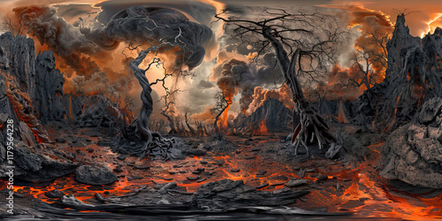 Panoramic Digital Artwork of Volcanic Landscape with Barren Trees and Lava Flows