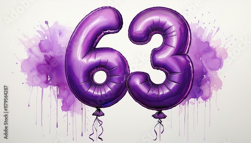 Purple birthday / anniversary balloon, number 63, watercolor painting with white background