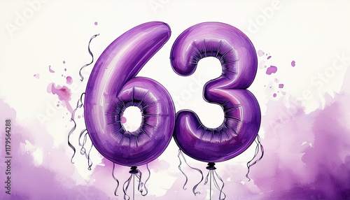 Purple birthday / anniversary balloon, number 63, watercolor painting with white background