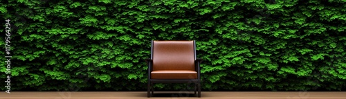 Tranquility Amidst Greenery: A solitary brown leather chair rests serenely against a vibrant green living wall, creating a peaceful and inviting atmosphere. photo