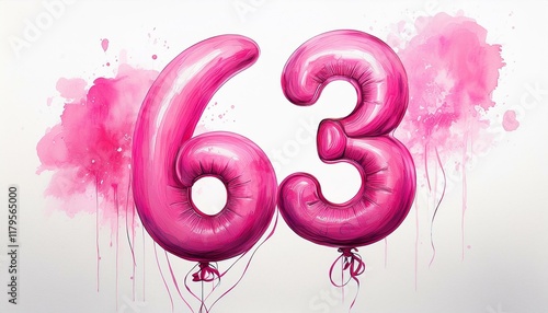 Pink birthday / anniversary balloon, number 63, watercolor painting with white background