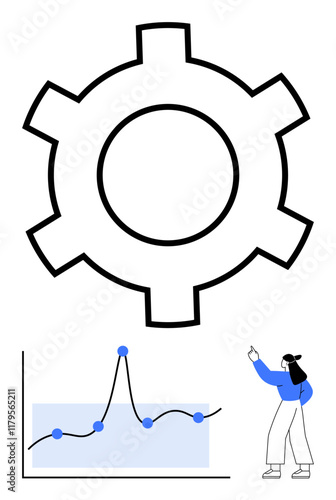 Gear line graph with data points and person analyzing. Ideal for concepts thumbs up analytics, data, technology, development, mechanics, problem-solving, process improvement. Line metaphor