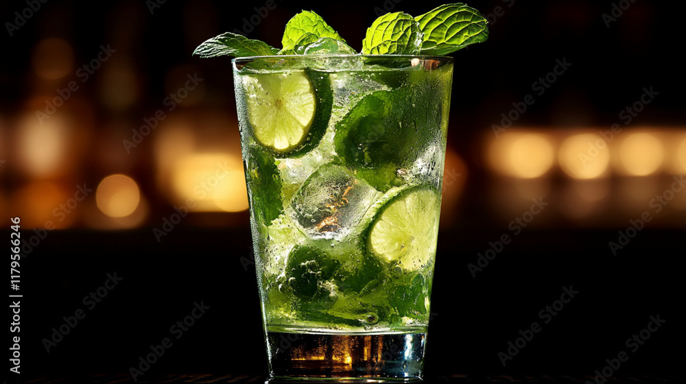 A glass of green drink with lime slices in it A glass of green drink with lime slices in it