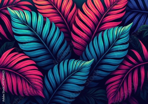 Wallpaper Mural Vibrant tropical leaves in shades of blue and pink create a stunning backdrop Torontodigital.ca