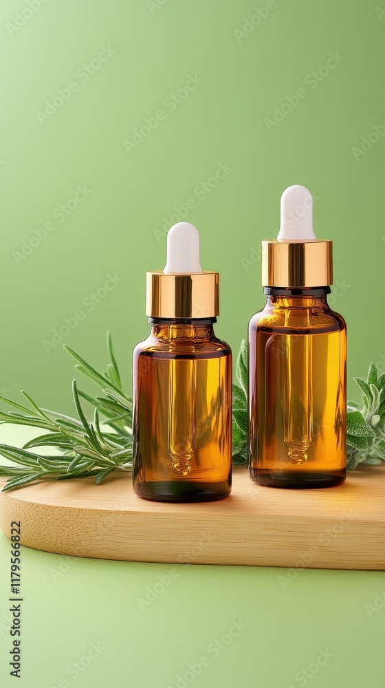 Elegant Display of Transparent Glass Bottles with Essential Oil and Herbal Ingredients on a Natural Wood Board Against a Soft Green Background Elegant Display of Transparent Glass Bottles with Essential Oil and Herbal Ingredients on a Natural Wood Board Against a Soft Green Background
