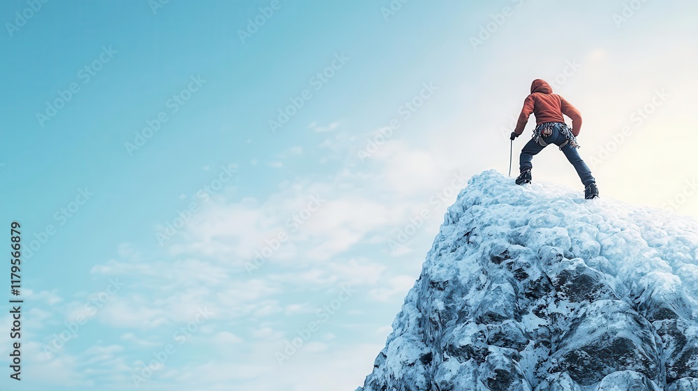 Fototapeta premium Mountain climber reaching icy summit, frost and determination, 3D illustration