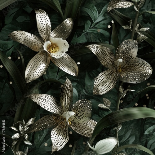 Metallic tricyrtis and orchid-like flowers on deep forest green, 3D seamless pattern, silver accents, woodland interior design photo