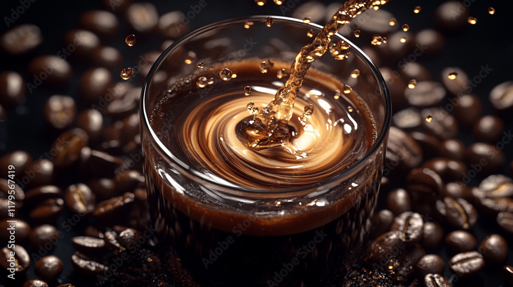 A glass of coffee with a swirl of liquid and coffee beans on the table A glass of coffee with a swirl of liquid and coffee beans on the table