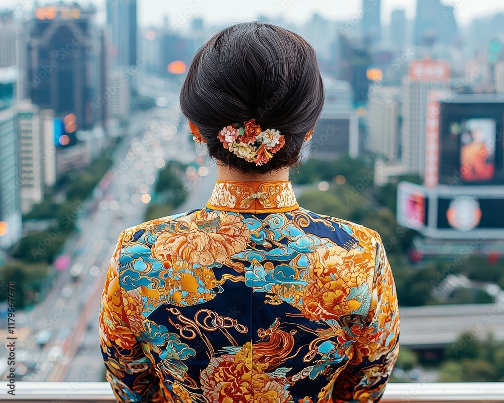 Woman in a modern qipao, standing on a rooftop overlooking a busy metropolitan area, stock photo style Woman in a modern qipao, standing on a rooftop overlooking a busy metropolitan area, stock photo style