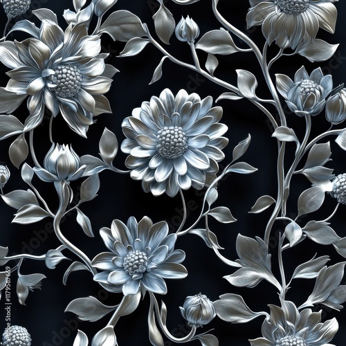 Metallic xeranthemum and silver immortelles on deep obsidian, 3D seamless pattern, modern metallic blooms, everlasting wallpaper and textile design concept photo