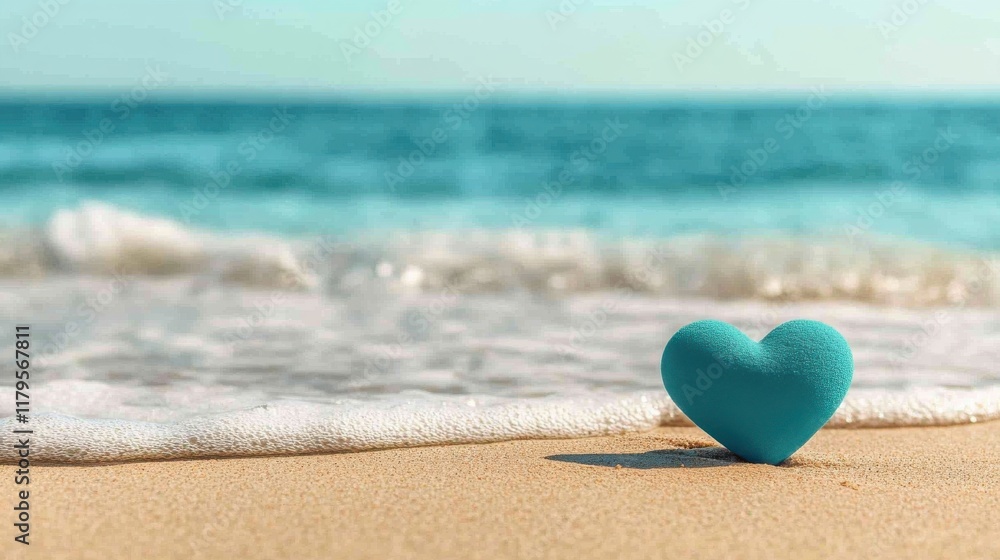 A tranquil scene featuring a turquoise heart-shaped stone resting on sandy beach with gentle waves in the background. A tranquil scene featuring a turquoise heart-shaped stone resting on sandy beach with gentle waves in the background.
