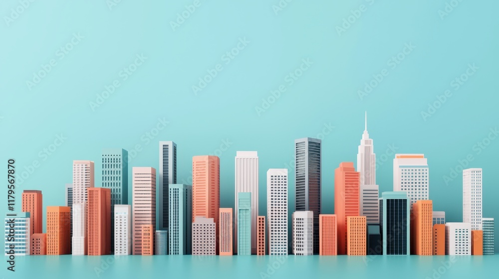A colorful skyline featuring various modern buildings against a soft blue background, showcasing urban architecture in a stylized manner. A colorful skyline featuring various modern buildings against a soft blue background, showcasing urban architecture in a stylized manner.