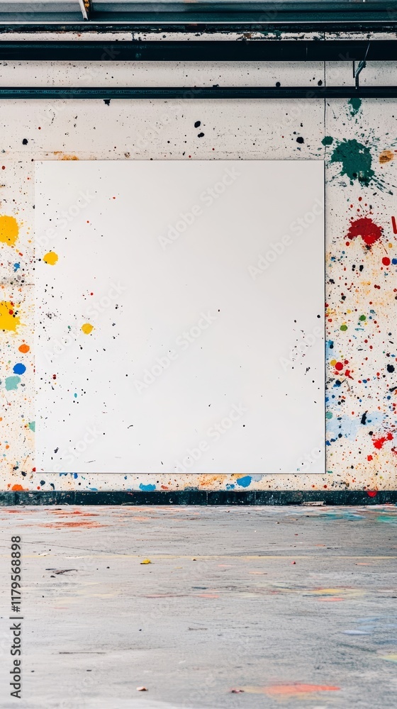 A blank canvas on a colorful splattered wall for creative art with copy space. A blank canvas on a colorful splattered wall for creative art with copy space.