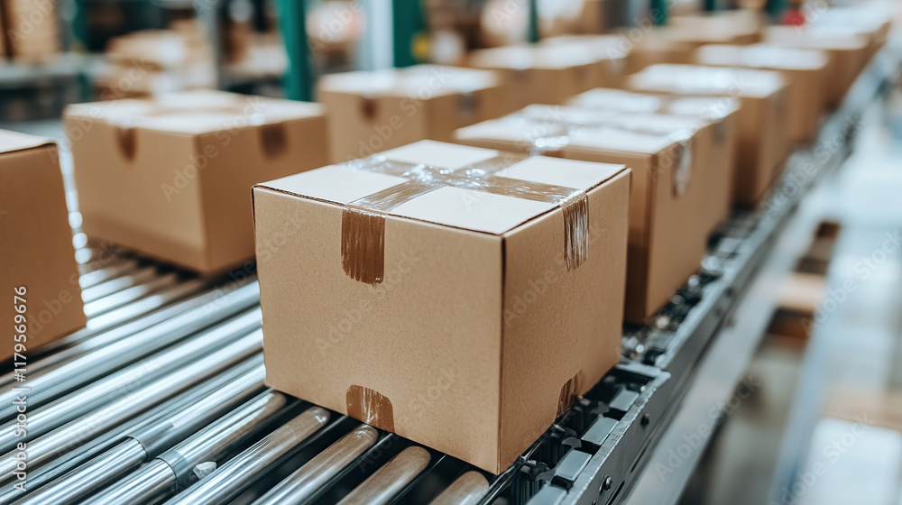 Cardboard Boxes Move Along a Conveyor Belt in a Modern Distribution Center Cardboard Boxes Move Along a Conveyor Belt in a Modern Distribution Center