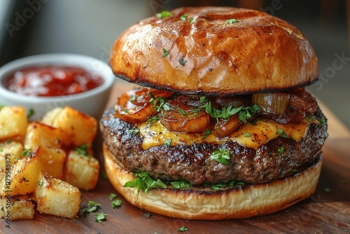 gourmet artisanal cheeseburger with melted aged cheddar caramelized onions and fresh local ingredients on brioche bun professional food photography