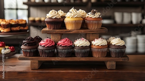 Assorted Cupcakes on a Wooden Stand