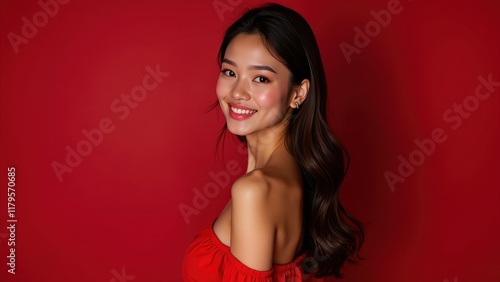 Wallpaper Mural Vibrant red backdrop sets off a stunning young Asian woman's bright smile and dark tresses, her bold off-the-shoulder top glowing in warm, softly lit tones Torontodigital.ca