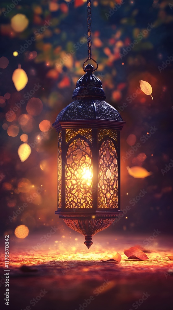 Ramadan themed greeting poster design. Lanterns for Eid al-Fitr and Ramadan Kareem with soft light and leaves background, with space for text Ramadan themed greeting poster design. Lanterns for Eid al-Fitr and Ramadan Kareem with soft light and leaves background, with space for text