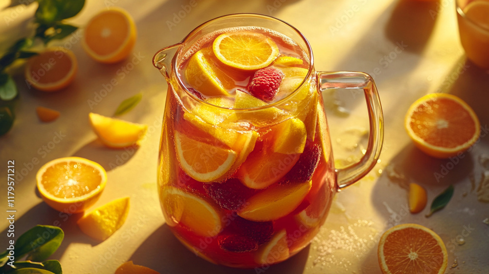 A pitcher of fruit punch is poured into a glass pitcher A pitcher of fruit punch is poured into a glass pitcher