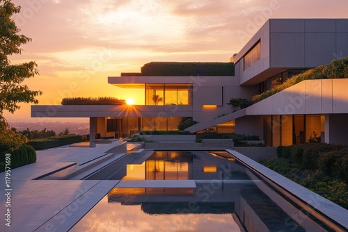 Wallpaper Mural A grand modern mansion with sharp geometric lines, a rooftop garden, and a pool that reflects the setting sun Torontodigital.ca