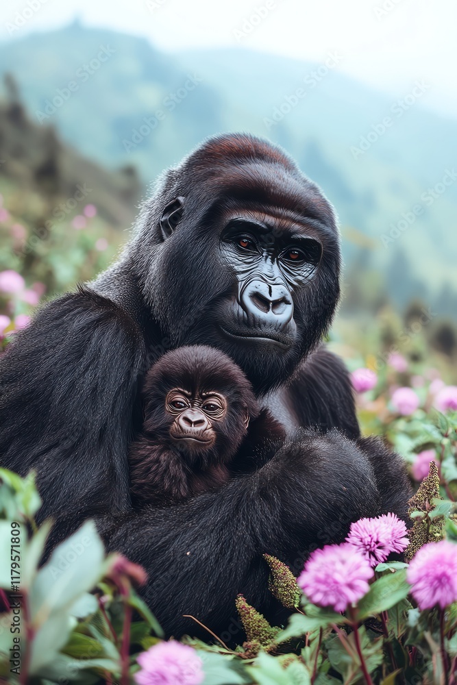 Fototapeta premium A powerful silverback gorilla gently cradling its young amidst the misty mountains of Rwanda