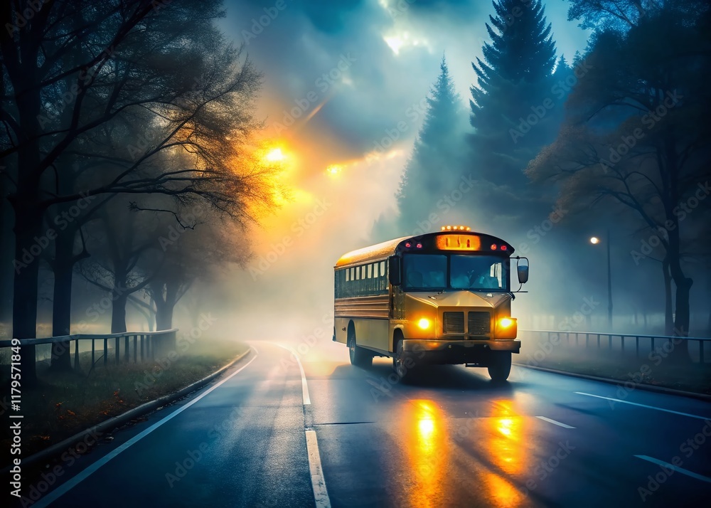 Obraz premium Foggy School Bus Morning Commute Double Exposure Stock Photo