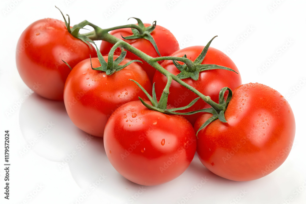 Fresh Vine-Ripened Tomatoes with Water Droplets on White Background Fresh Vine-Ripened Tomatoes with Water Droplets on White Background