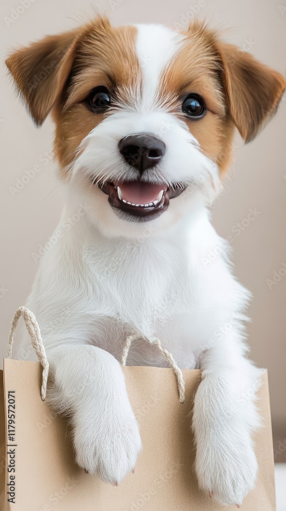 Adorable Jack Russell Terrier sits on a table with a shopping bag in its mouth, set against a light backdrop, ideal for promotional use Adorable Jack Russell Terrier sits on a table with a shopping bag in its mouth, set against a light backdrop, ideal for promotional use
