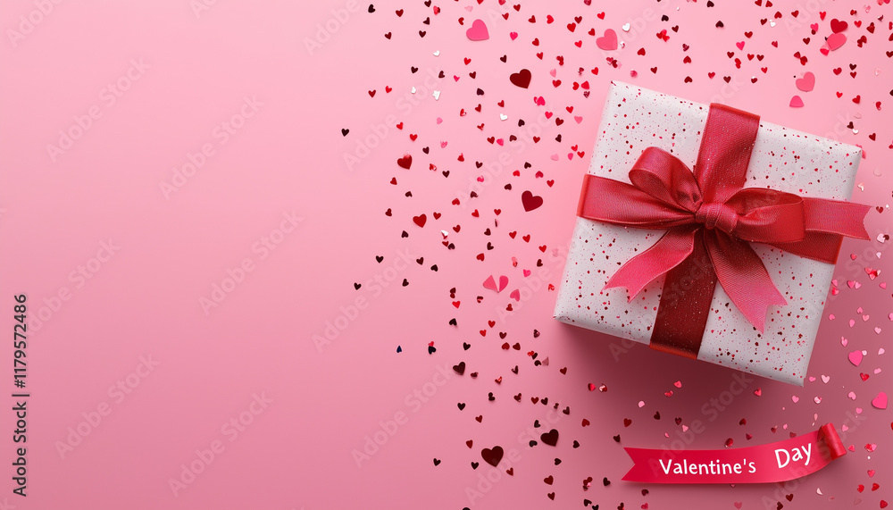 Red Ribbon Gift Box with Heart Decorations Amidst Floating Confetti and Hearts on Pink Background. Red Ribbon Gift Box with Heart Decorations Amidst Floating Confetti and Hearts on Pink Background.