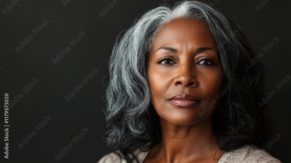Mature African American Woman With Gray Hair Poses Thoughtfully Against a Dark Background, Showcasing Her Natural Beauty and Confidence Mature African American Woman With Gray Hair Poses Thoughtfully Against a Dark Background, Showcasing Her Natural Beauty and Confidence
