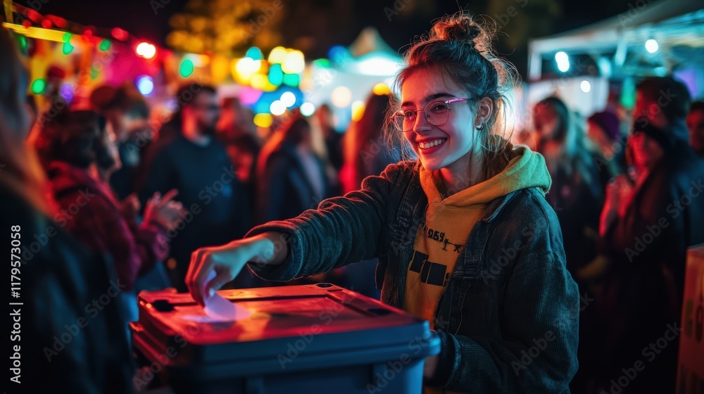 A young woman votes in a lively atmosphere filled with colorful lights and joyful crowds. Community engagement shines through.