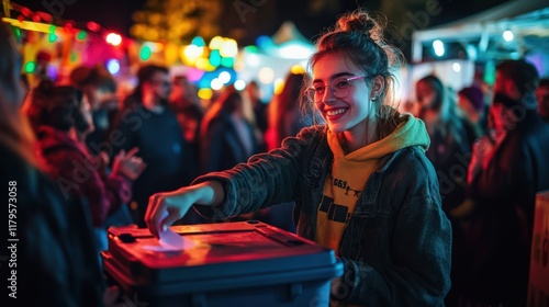 Obraz na płótnie A young woman votes in a lively atmosphere filled with colorful lights and joyful crowds. Community engagement shines through. w salonie