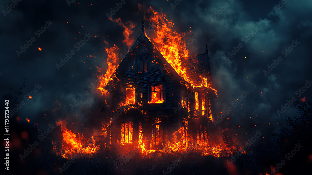A burning house engulfed in flames, surrounded by dark smoke and an ominous atmosphere. A burning house engulfed in flames, surrounded by dark smoke and an ominous atmosphere.