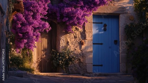 Beautiful blue door surrounded by vibrant purple flowers in a quaint street setting.