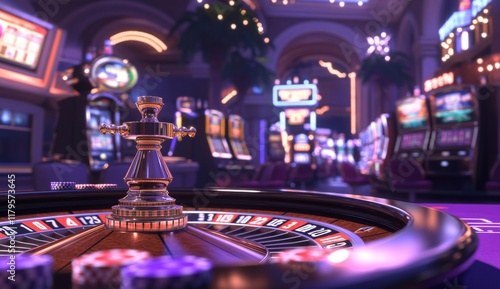 Roulette wheel with purple and red chips, white numbers, in casino setting with blurred background.