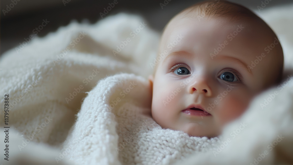 Sweet Baby Wrapped in Soft Blanket With Curious Expression in a Warm Indoor Setting Sweet Baby Wrapped in Soft Blanket With Curious Expression in a Warm Indoor Setting