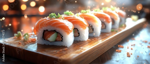 Sushi set on wood, panoramic view, ambient lighting, fine texture detail
