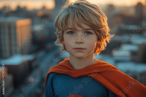 inspiring portrait of young boy in handmade superhero costume with cape flying in wind against urban rooftop background photo