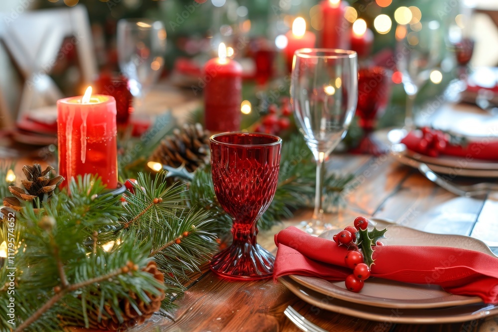 Festive holiday table setting with red accents and candlelight. Festive holiday table setting with red accents and candlelight.