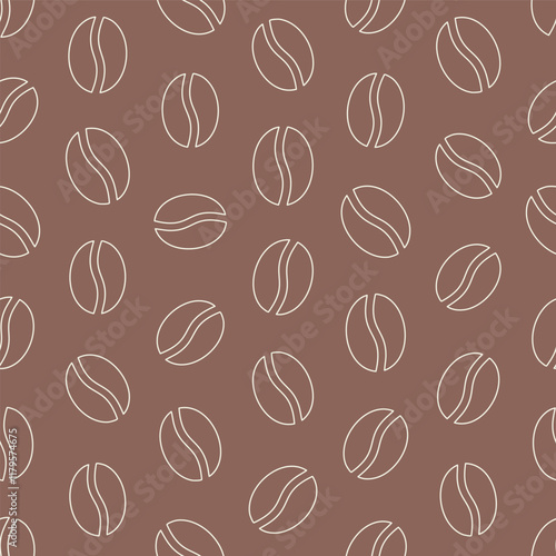 Vector seamless pattern for coffee shop Coffee beans beige line art on mocha brown textile wallpaper