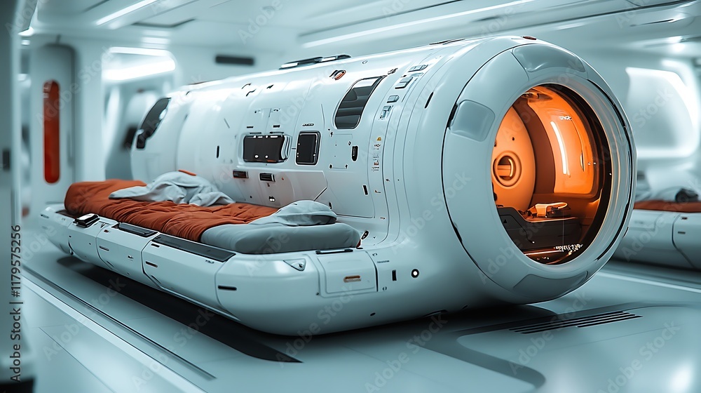 Fototapeta premium Futuristic Medical Sleep Pod In A Spaceship Corridor