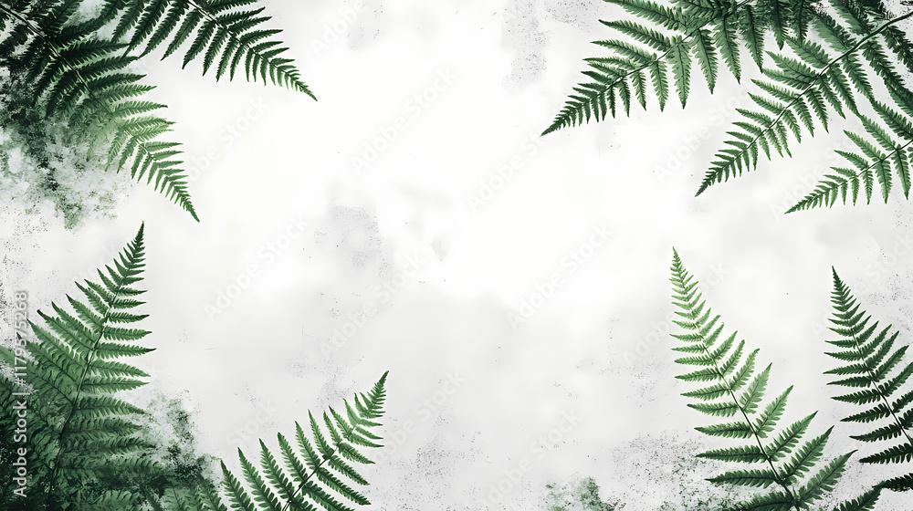 Obraz premium Monochromatic green fern leaves on textured white canvas - worm's eye view. Shadowmoss. Illustration