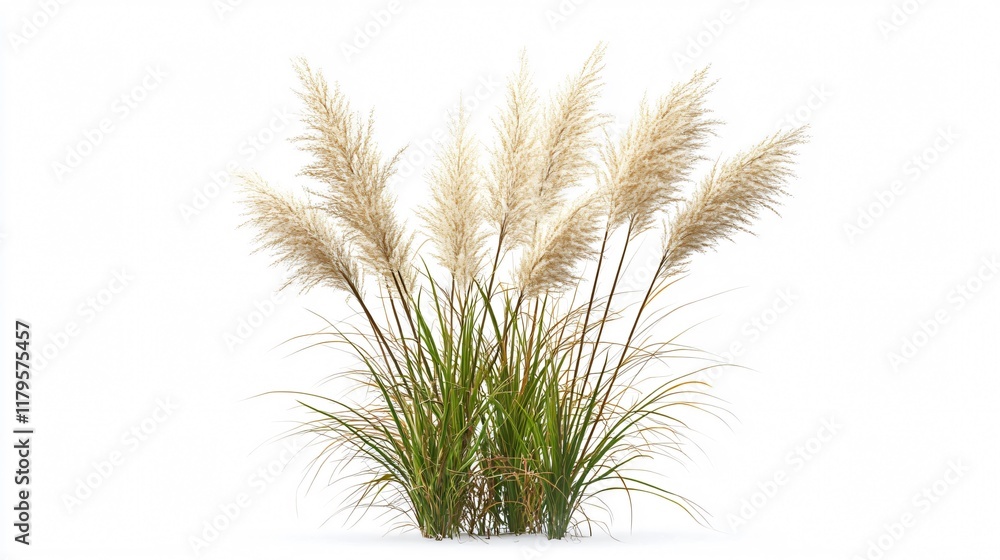 Fototapeta premium Pampas Grass: Elegant White Plumes on Green Foliage - Botanical Print for Nature Lovers