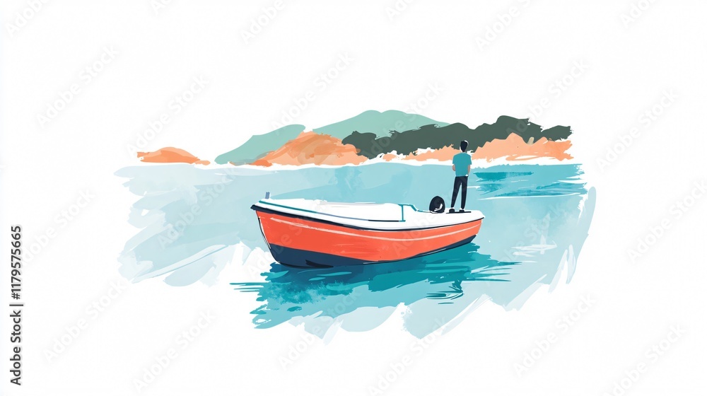 Fototapeta premium Serene Coastal Escape: Man on Boat in Tranquil Ocean with Island View