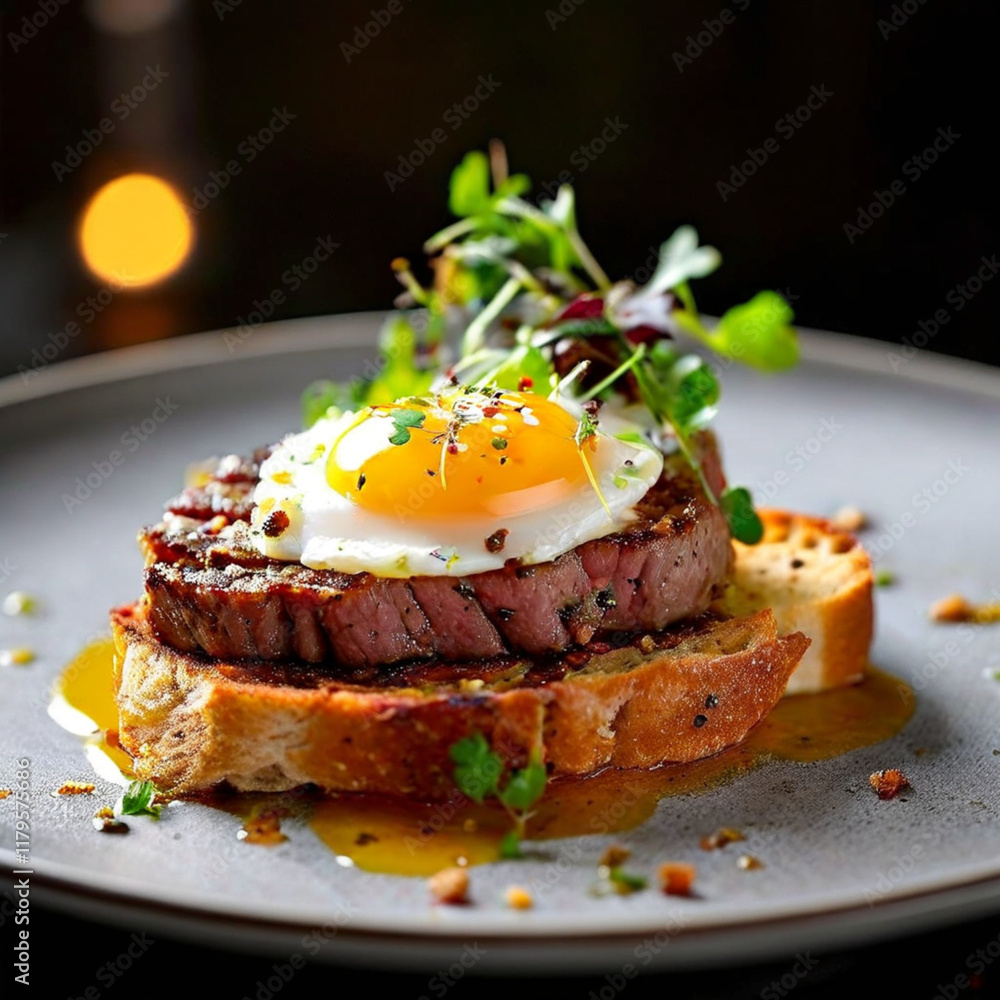 Elegant Steak Tartare Plated with Mustard Sauce Elegant Steak Tartare Plated with Mustard Sauce